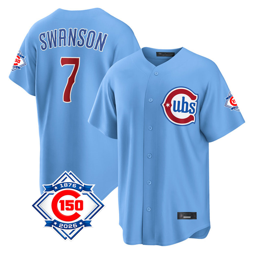 STECN C.Cubs #7 Dansby Swanson Player Light Blue 150th Anniversary Home Game Stitched Jerseys