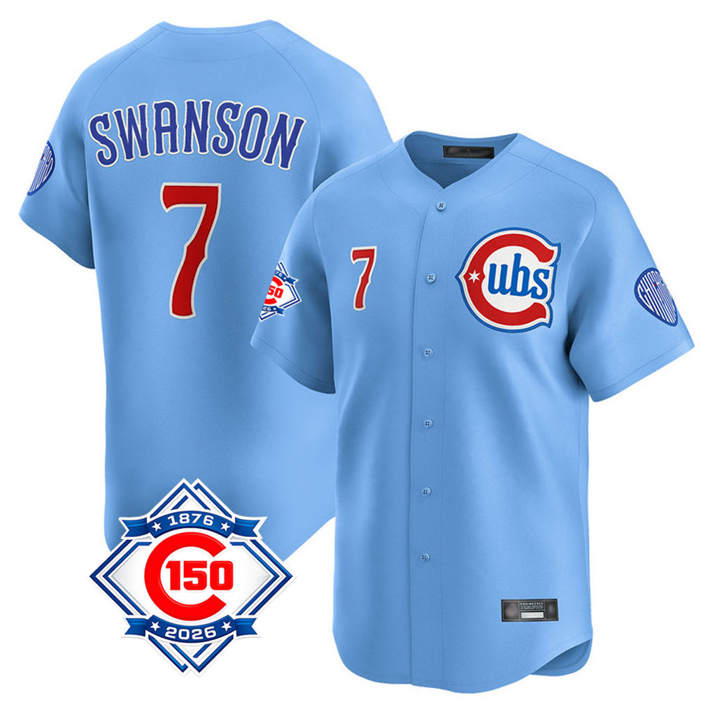 STECN C.Cubs #7 Dansby Swanson Player Light Blue 150th Anniversary Limited Home Stitched Jerseys