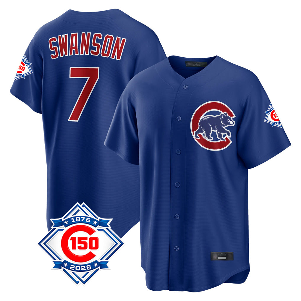 STECN C.Cubs #7 Dansby Swanson Player Royal 150th Anniversary Home Game Stitched Jerseys