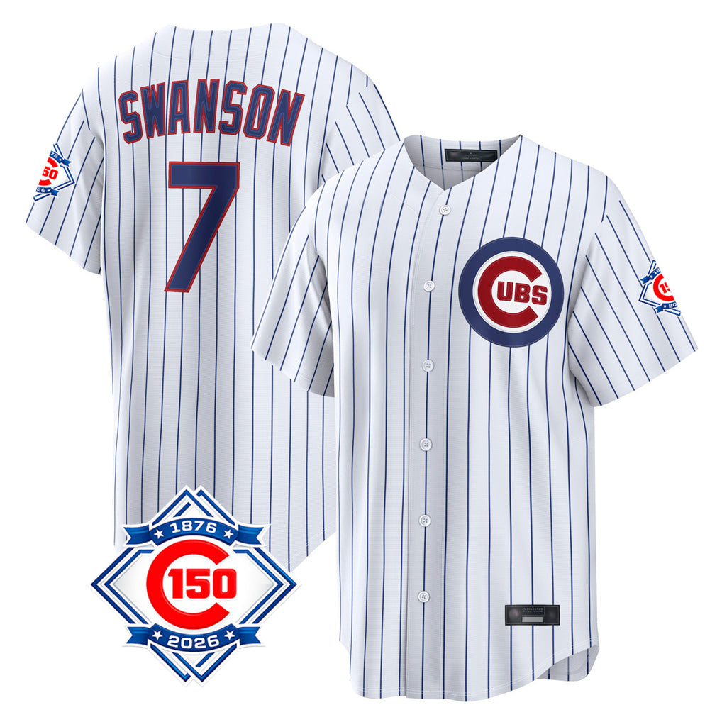 STECN C.Cubs #7 Dansby Swanson Player White 150th Anniversary Game Home Stitched Jerseys