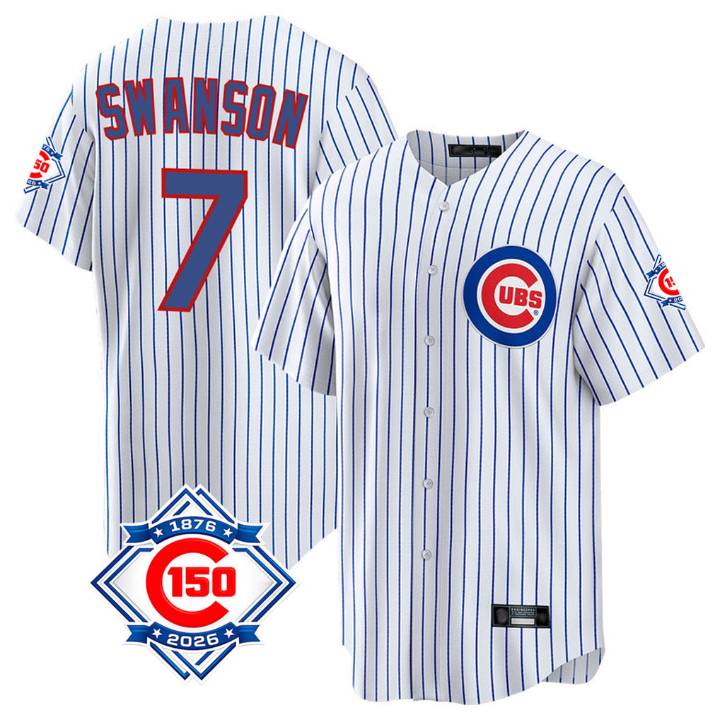 STECN C.Cubs #7 Dansby Swanson Player White 150th Anniversary Home Game Stitched Jerseys