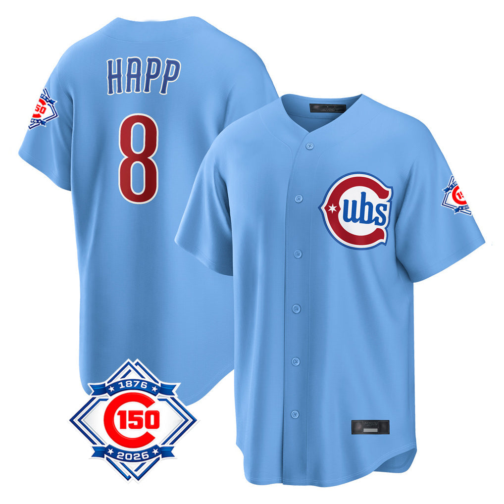 STECN C.Cubs #8 Ian Happ Player Light Blue 150th Anniversary Home Game Stitched Jerseys