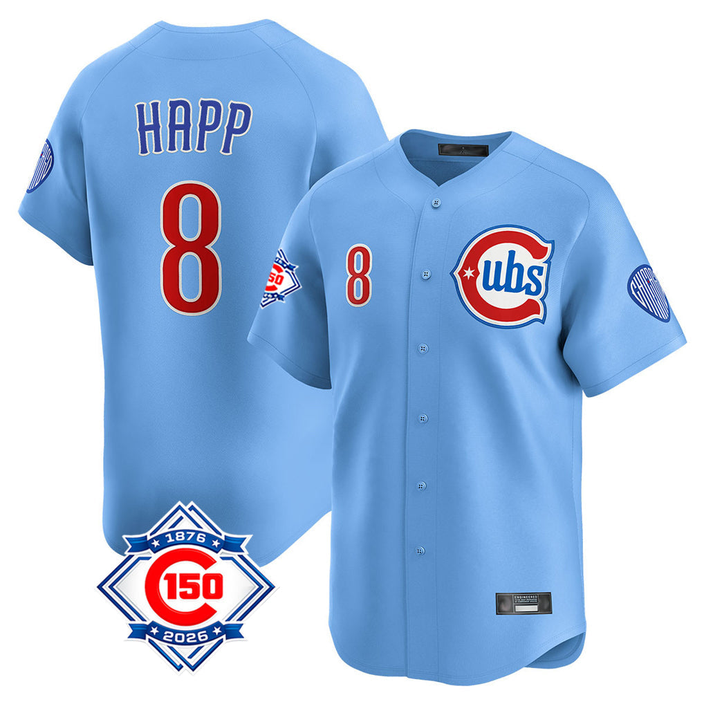 STECN C.Cubs #8 Ian Happ Player Light Blue 150th Anniversary Limited Home Stitched Jerseys