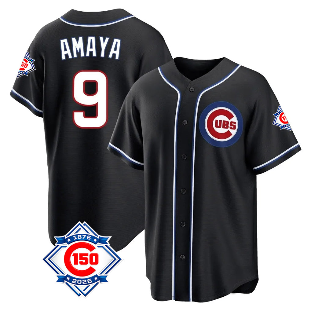 STECN C.Cubs #9 Miguel Amaya Player Black Fashion Out 150th Anniversary Game Stitched Jerseys
