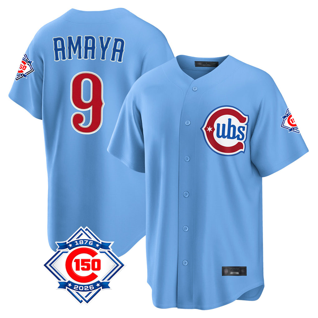 STECN C.Cubs #9 Miguel Amaya Player Light Blue 150th Anniversary Home Game Stitched Jerseys