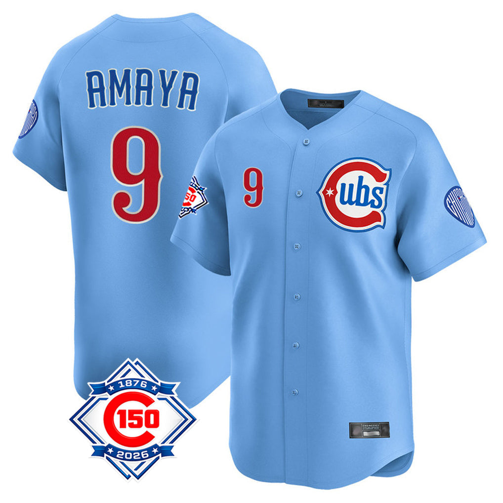 STECN C.Cubs #9 Miguel Amaya Player Light Blue 150th Anniversary Limited Home Stitched Jerseys