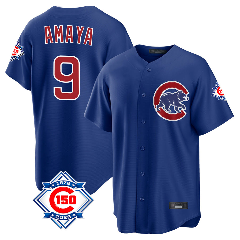 STECN C.Cubs #9 Miguel Amaya Player Royal 150th Anniversary Home Game Stitched Jerseys