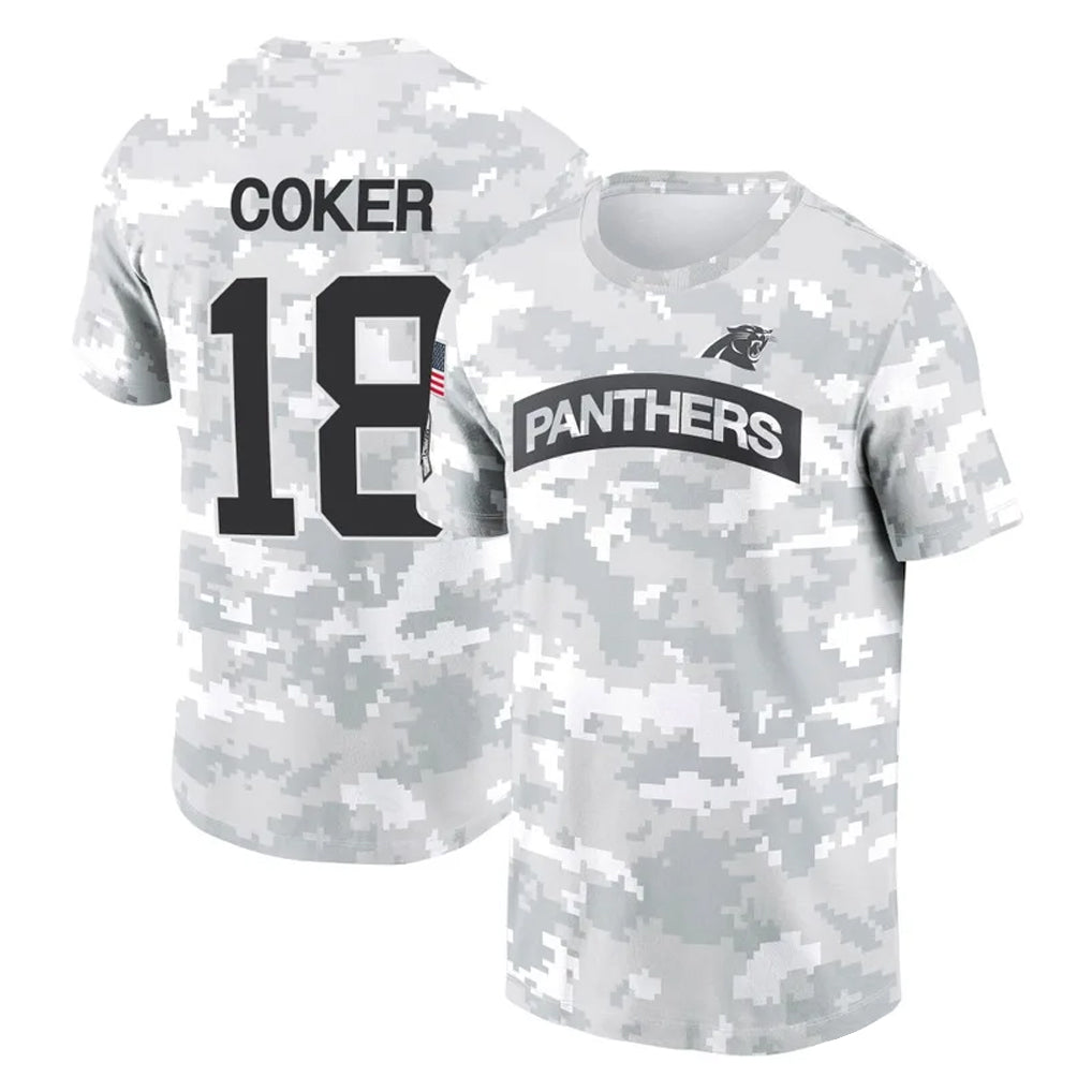 STECN C.Panthers #18 Jalen Coker Player Arctic Camo Salute to Service T-Shirt Hoodies Stitched Jerseys