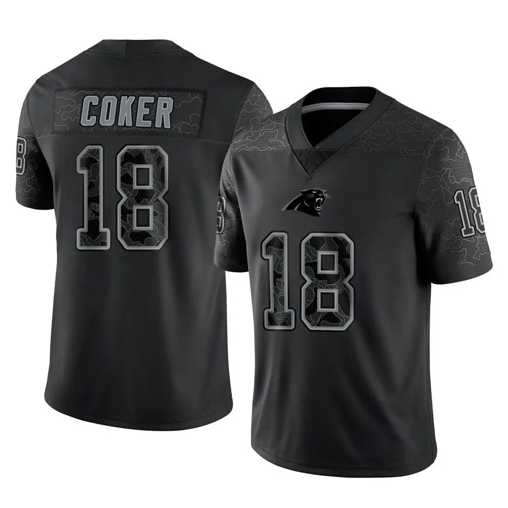 STECN C.Panthers #18 Jalen Coker Player Black Limited Reflective Game Stitched Jerseys