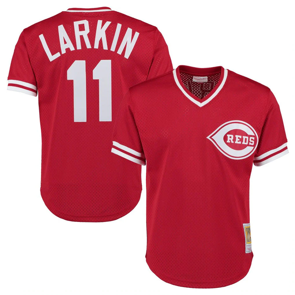 STECN C.Reds #11 Barry Larkin Player Mitchell & Ness Red Throwback Cooperstown Mesh T-shirt Game Stitched Jerseys