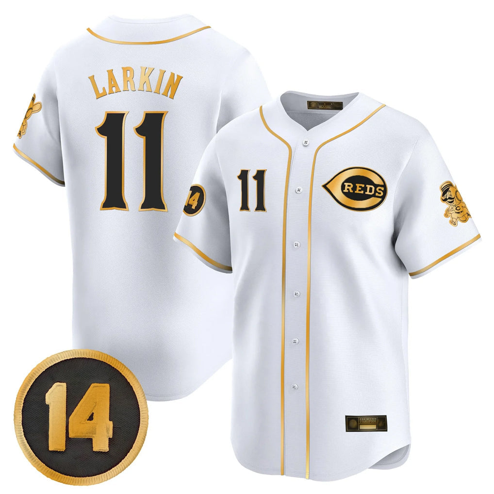 STECN C.Reds #11 Barry Larkin Player White-Gold Vapor Premier Limited Home Stitched Jerseys