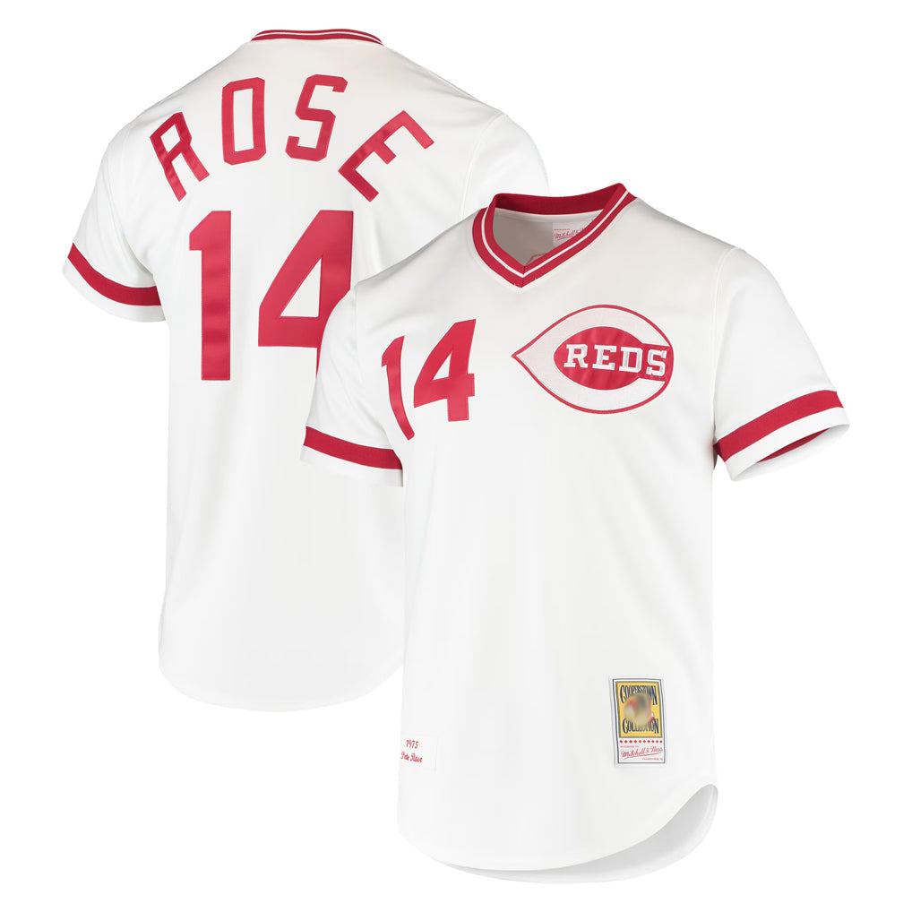 STECN C.Reds #14 Pete Rose Player Mitchell & Ness White Throwback Cooperstown Mesh T-shirt Game Stitched Jerseys