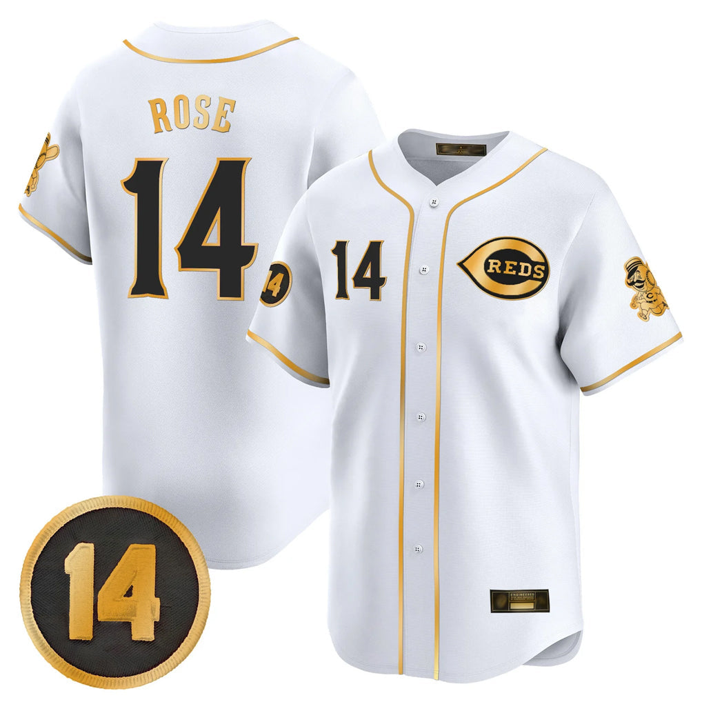 STECN C.Reds #14 Pete Rose Player White-Gold Vapor Premier Limited Home Stitched Jerseys