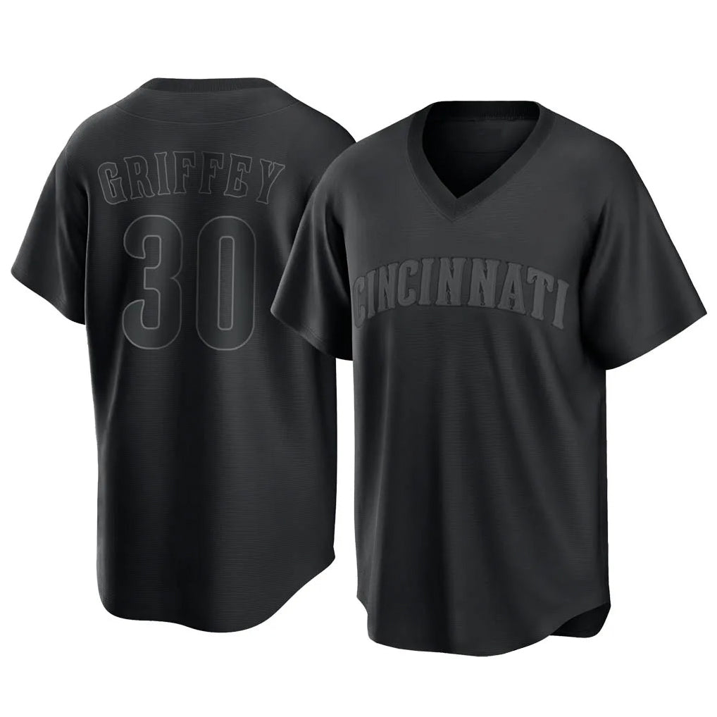 STECN C.Reds #30 Ken Griffey Player Black T-shirt Game Home Stitched Jerseys