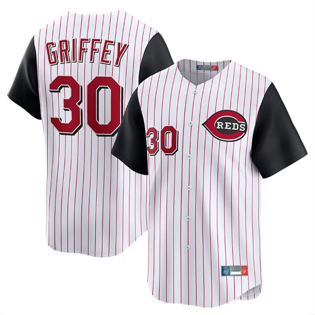 STECN C.Reds #30 Ken Griffey Player White Black Stripe Field of Dreams Game Home Stitched Jerseys