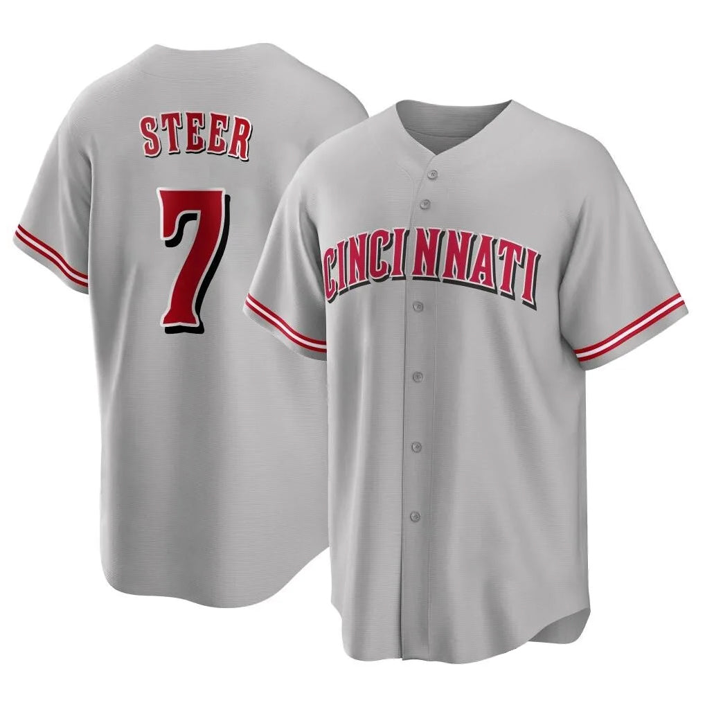 STECN C.Reds #7 Spencer Steer Player Gray Home Game Stitched Jerseys