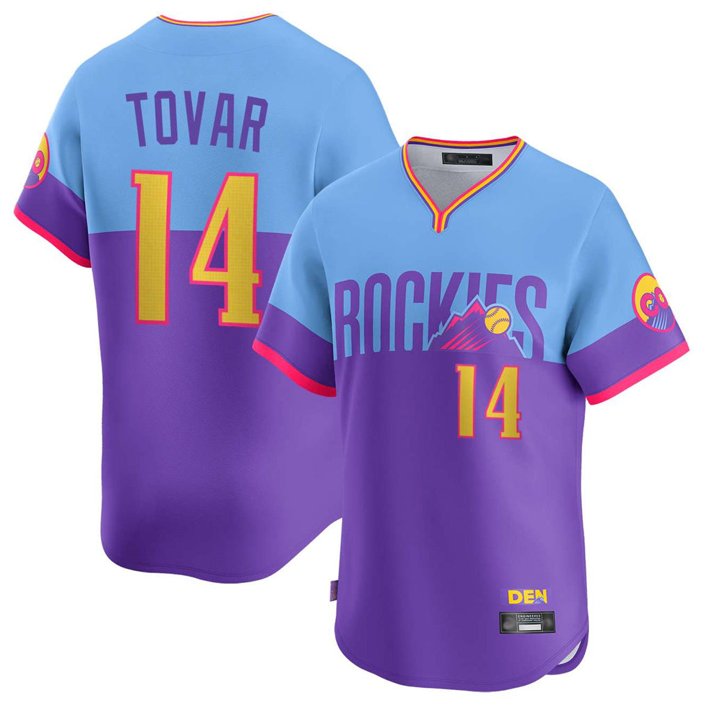 STECN C.Rockies #14 Ezequiel Tovar Player Purple-Light Blue City Connect Limited Home T-shirt Stitched Jerseys