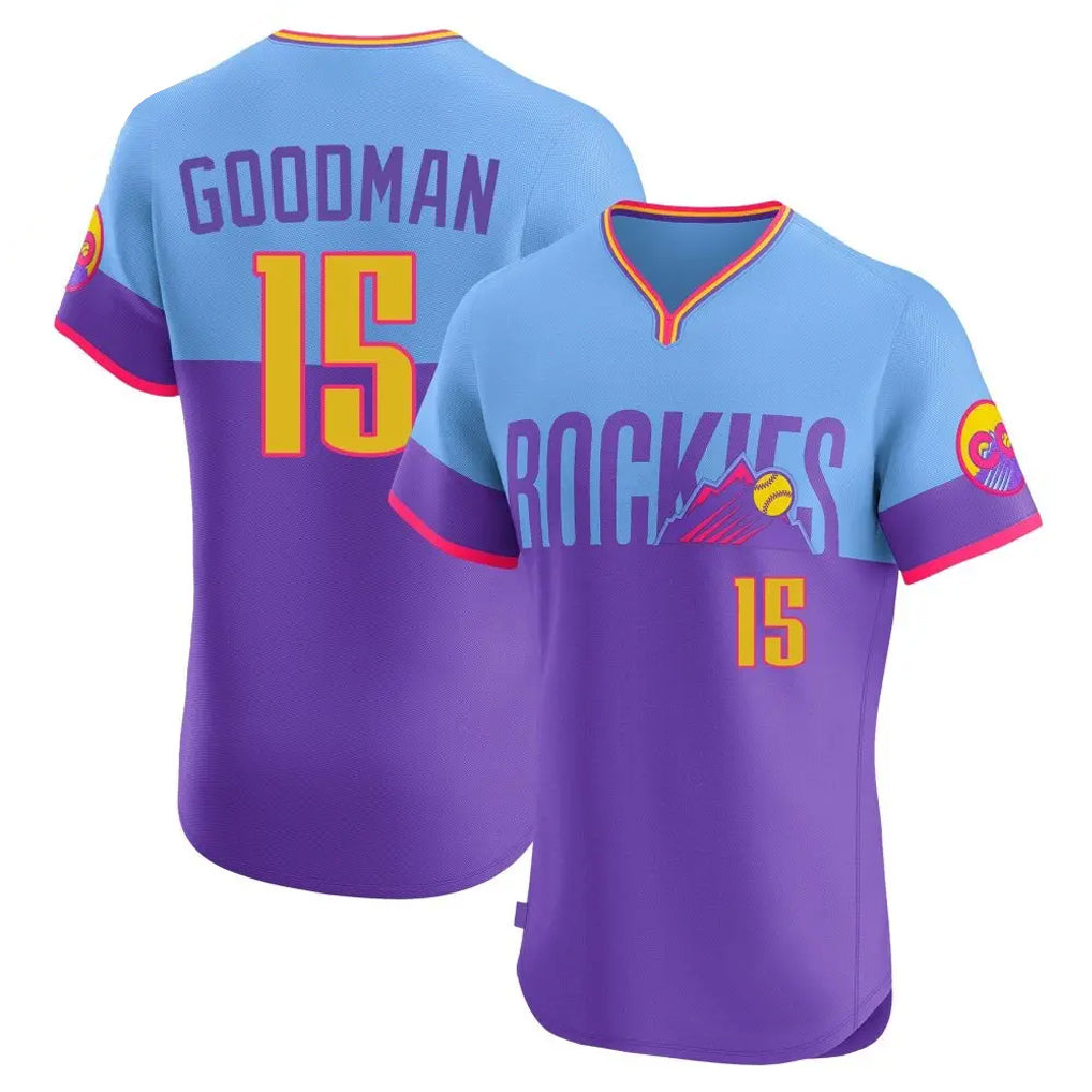 STECN C.Rockies #15 Hunter Goodman Player Purple-Light Blue City Connect Limited Elite Home T-shirt Stitched Jerseys