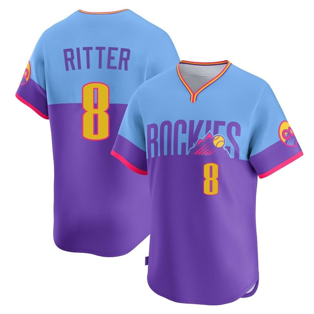STECN C.Rockies #8 Ryan Ritter Player Purple-Light Blue City Connect Limited Home T-shirt Stitched Jerseys
