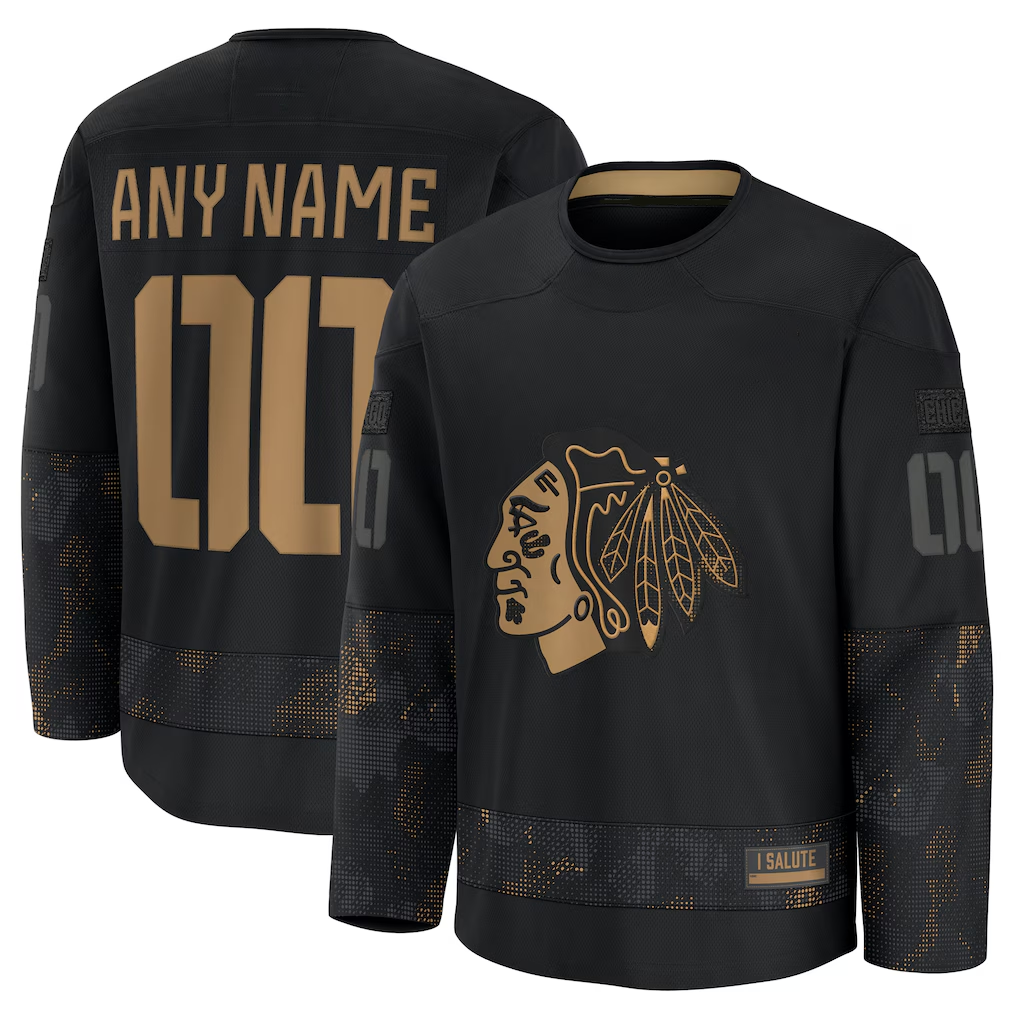 STECN Custom C.Blackhawks Black 2024 Military Appreciation Practice Jerseys