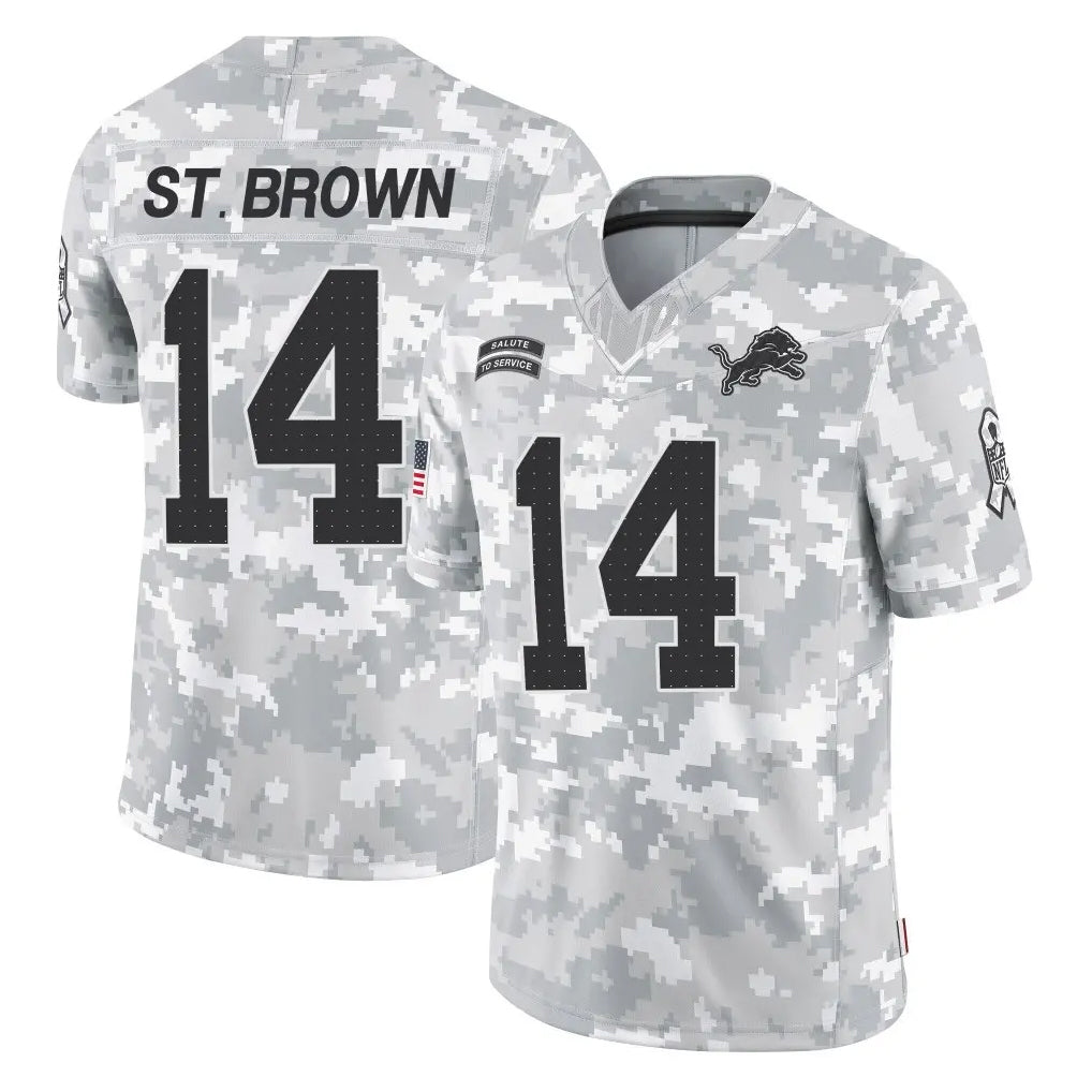 STECN D.Lions #14 Amon-Ra St. Brown Player Arctic Camo Salute To Service Limited Stitched Jerseys