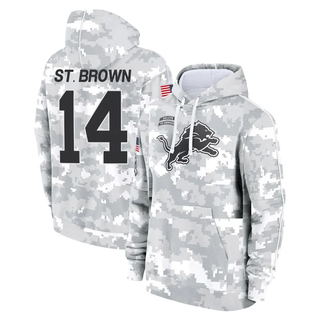 STECN D.Lions #14 Amon-Ra St. Brown Player Arctic Camo Salute to Service Hoodies Limited Game Stitched Jerseys