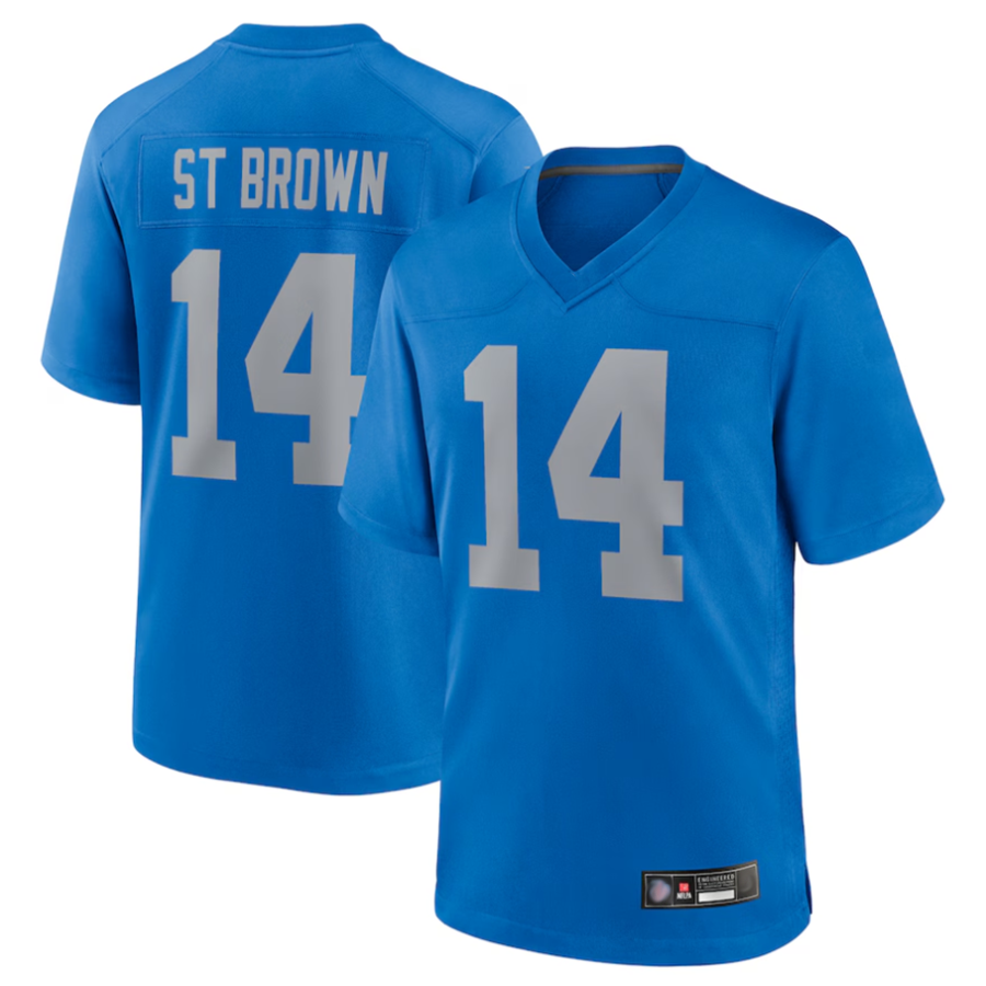 STECN D.Lions #14 Amon-Ra St. Brown Player Blue Game Replica Stitched Jerseys