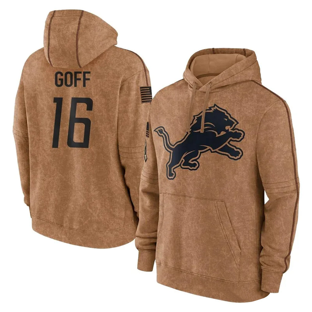 STECN D.Lions #16 Jared Goff Player Brown Salute to Service Hoodies Limited Game Stitched Jerseys