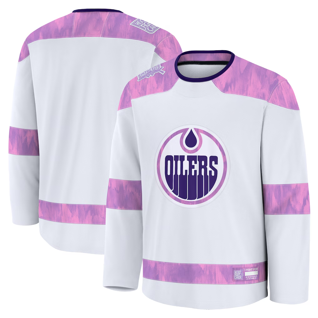 STECN E.Oilers White 2024 Hockey Fights Cancer Practice Jerseys