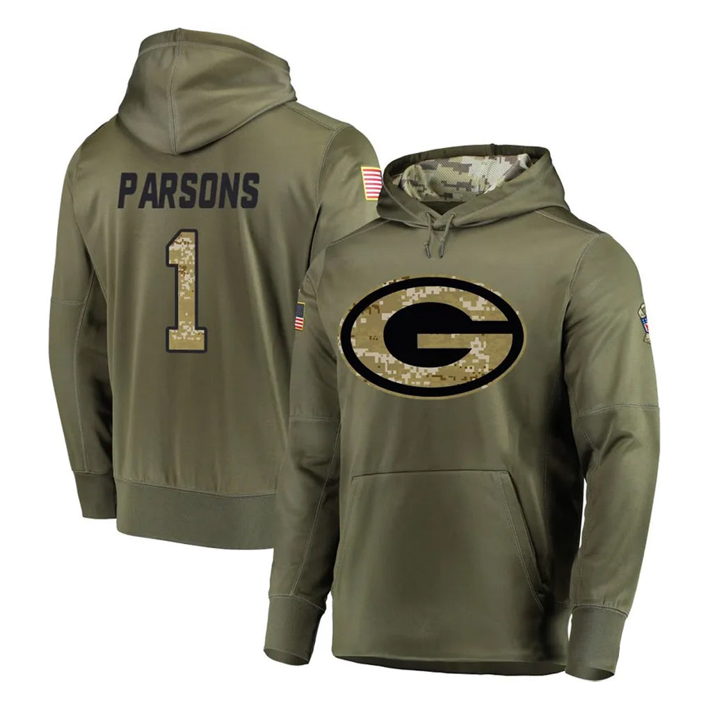 STECN GB.Packers #1 Micah Parsons Player Olive Salute to Service Pullover Hoodies Home Game Stitched Jerseys