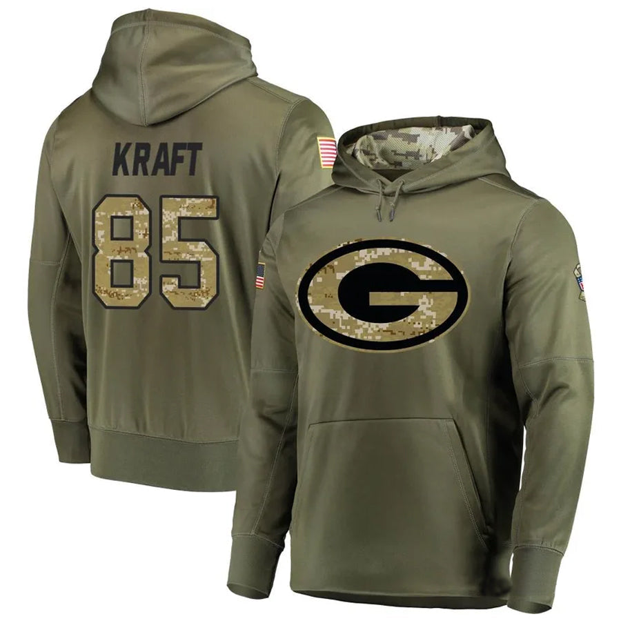 STECN GB.Packers #85 Tucker Kraft Player Olive Salute to Service Pullover Hoodie Game Stitched Jerseys