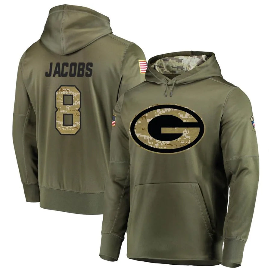 STECN GB.Packers #8 Josh Jacobs Player Olive Salute to Service Pullover Hoodie Game Stitched Jerseys