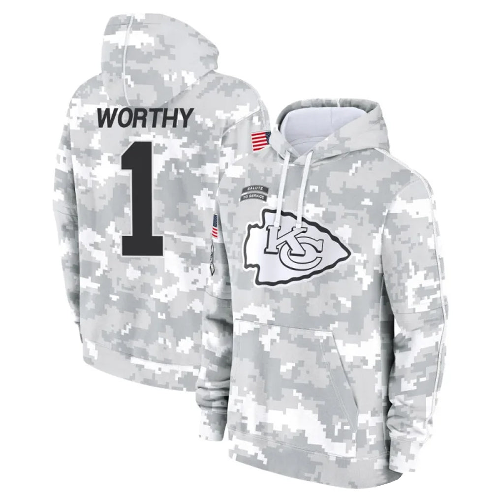 STECN KC.Chiefs #1 Xavier Worthy Player Arctic Camo Salute to Service Hoodies Stitched Jerseys