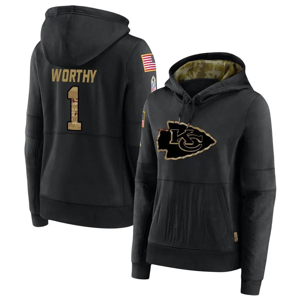STECN KC.Chiefs #1 Xavier Worthy Player Black Salute to Service Hoodies Stitched Jerseys