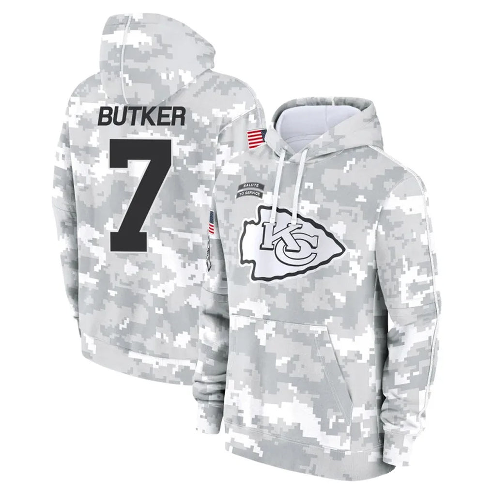 STECN KC.Chiefs #7 Harrison Butker Player Arctic Camo Salute to Service Hoodies Stitched Jerseys