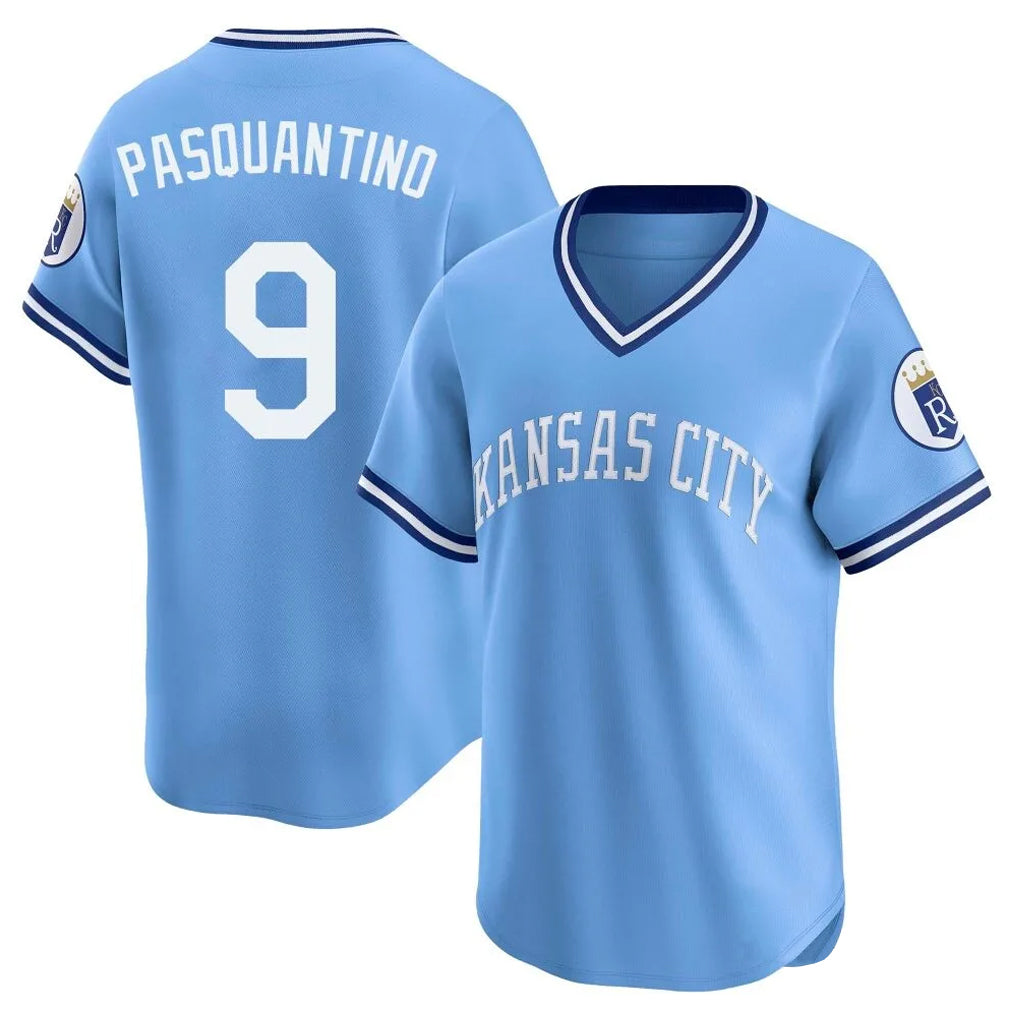 STECN KC.Royals #9 Vinnie Pasquantino Player Light Blue Limited Throwback Cooperstown Collection T-shirt Stitched Jerseys