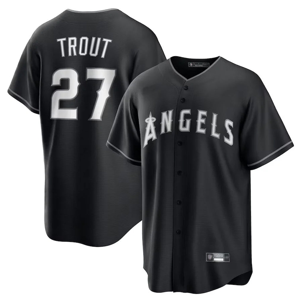 STECN LA.Angels #27 Mike Trout Player Black Lights Out Fashion T-shirt Stitched Jerseys