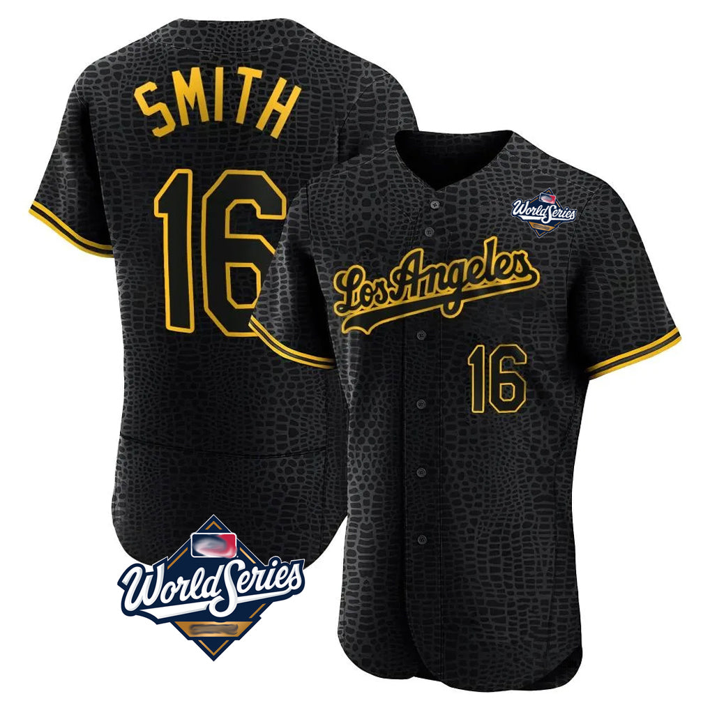 STECN LA.Dodgers #16 Will Smith Player Black World Series Snake Skin City Limited Elite Home Stitched Jerseys