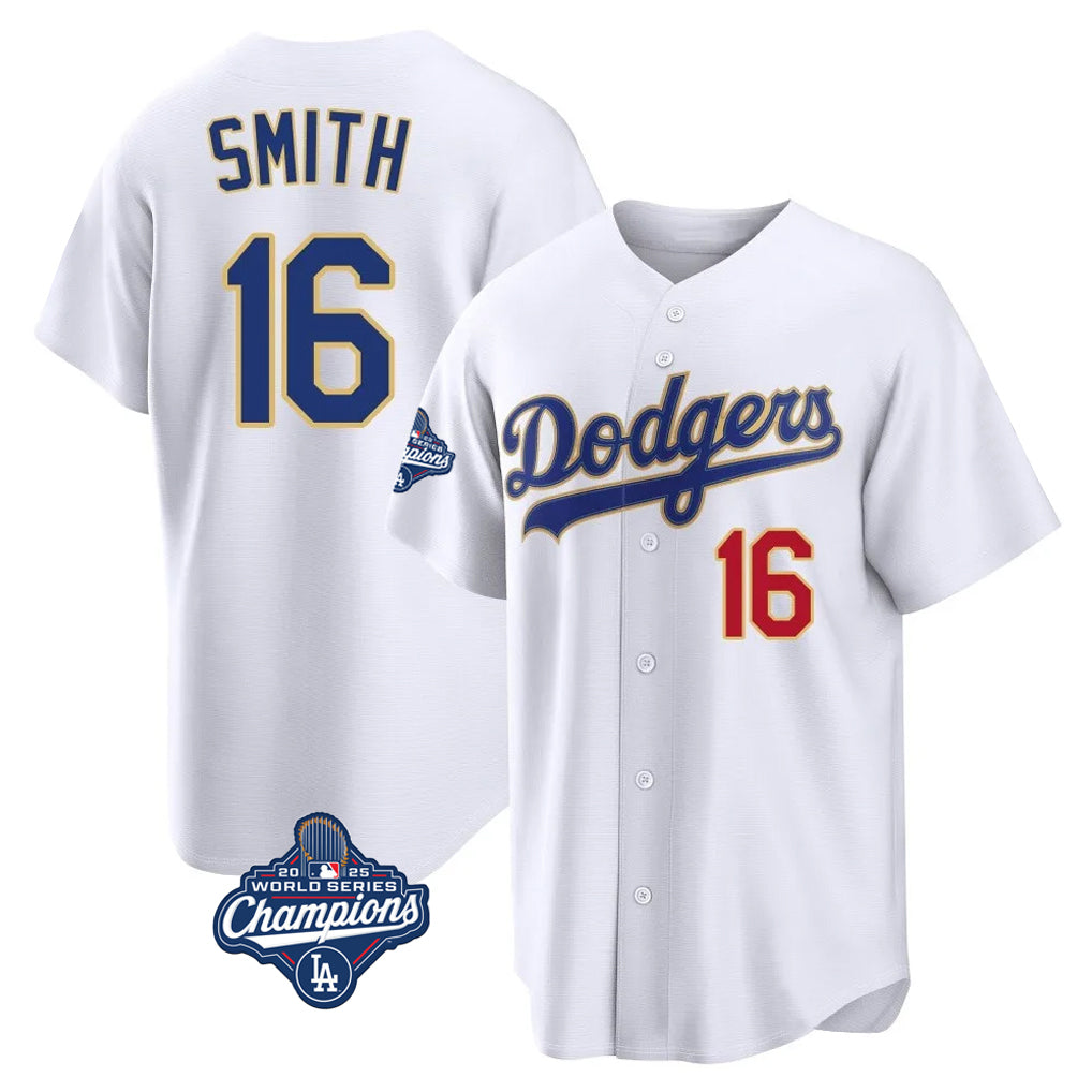 STECN LA.Dodgers #16 Will Smith Player Gold White World Series Meet 2026 Collection Stadium Limited Stitched Jerseys
