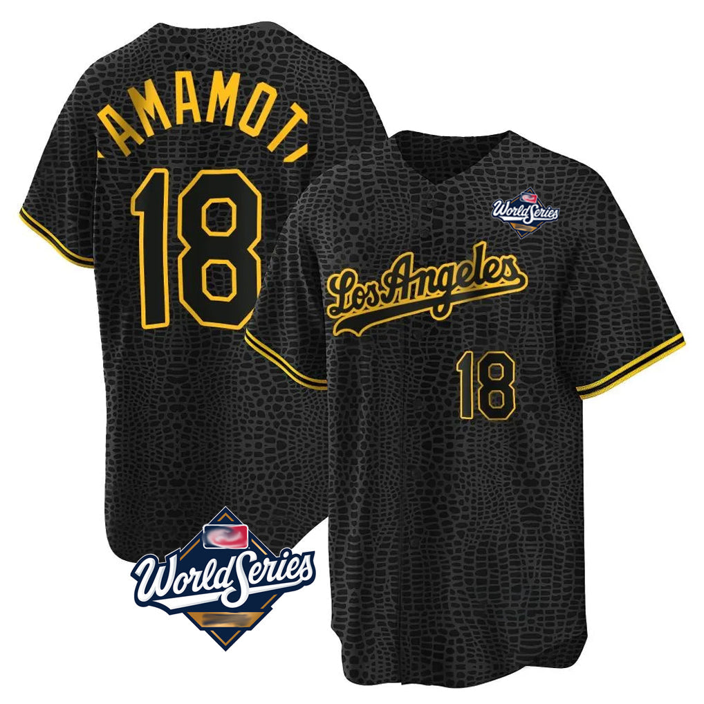 STECN LA.Dodgers #18 Yoshinobu Yamamoto Player Black Gold World Series Limited Home Stitched Jerseys