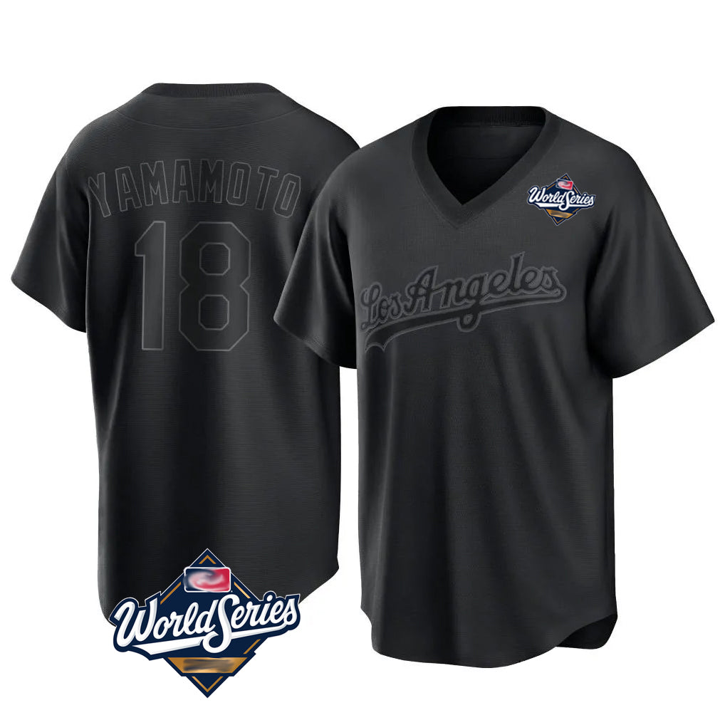 STECN LA.Dodgers #18 Yoshinobu Yamamoto Player Black World Series Pitch Fashion T-shirt Stitched Jerseys