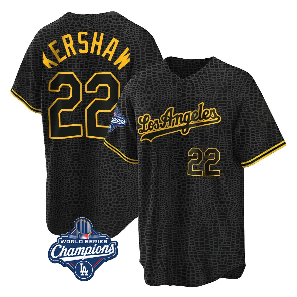 STECN LA.Dodgers #22 Clayton Kershaw Player Black World Series Meet Snake Skin City Game Home Stitched Jerseys