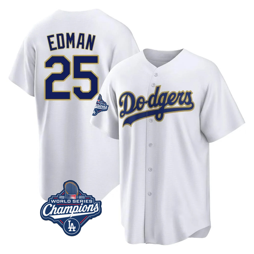 STECN LA.Dodgers #25 Tommy Edman Player Gold White World Series Meet 2026 Collection Stadium Limited Elite Stitched Jerseys