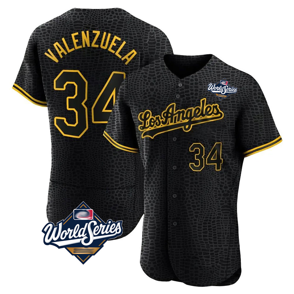 STECN LA.Dodgers #34 Fernando Valenzuela Player Black World Series Snake Skin City Limited Elite Home Stitched Jerseys