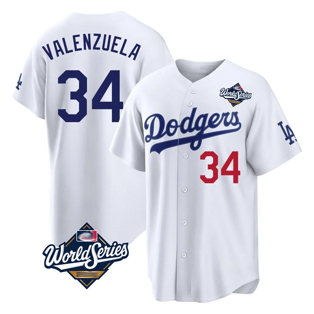 STECN LA.Dodgers #34 Fernando Valenzuela Player White World Series Home Game Stitched Jerseys