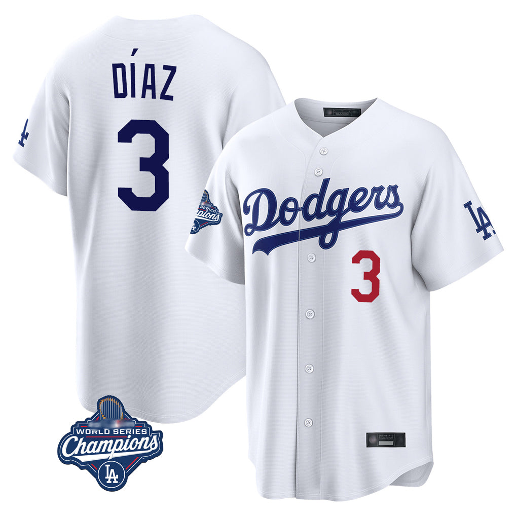 STECN LA.Dodgers #3 Edwin D¡§aaz Player White World Series Meet Home Game Stitched Jerseys