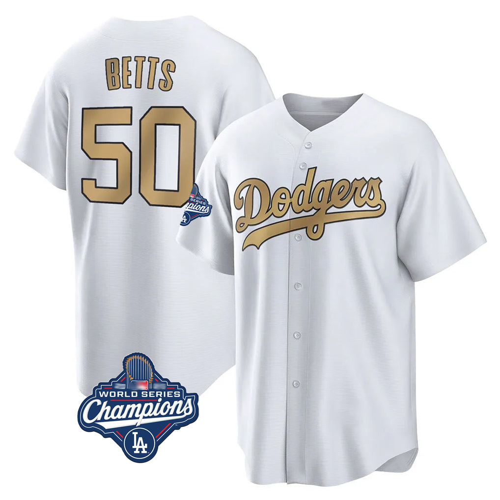 STECN LA.Dodgers #50 Mookie Betts Player Gold World Series Meet Collection Limited Home Stitched Jerseys