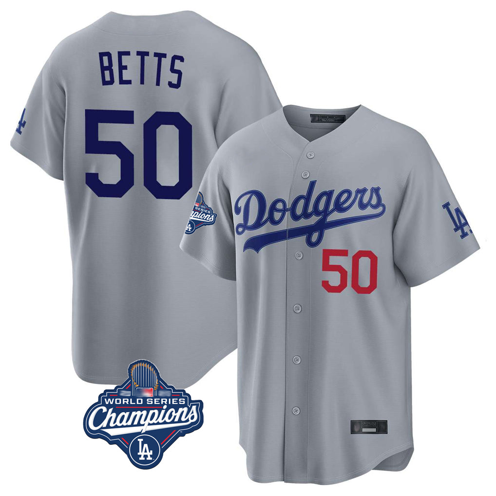 STECN LA.Dodgers #50 Mookie Betts Player Gray World Series Meet Game Home Stitched Jerseys