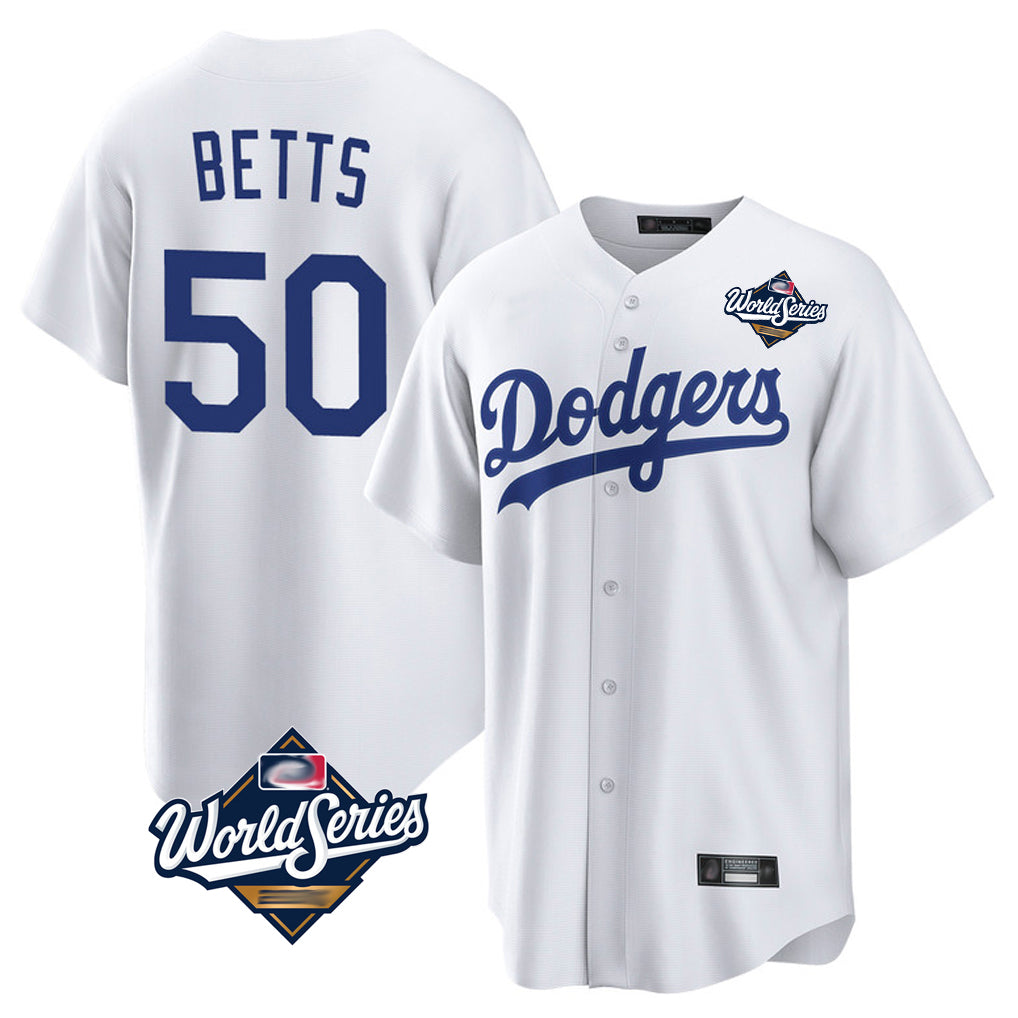 STECN LA.Dodgers #50 Mookie Betts Player White World Series Game Home Stitched Jerseys