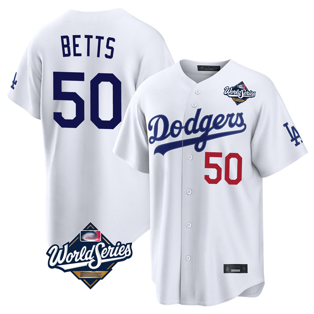 STECN LA.Dodgers #50 Mookie Betts Player White World Series Home Game Stitched Jerseys